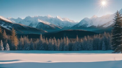 Fototapeta na wymiar winter, snow-capped mountains and forest