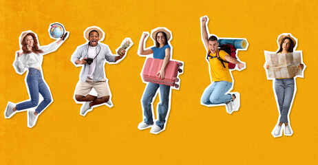 Happy excited young different guys and ladies tourists jump, freeze in air, enjoy travel with suitcase, globe, backpack