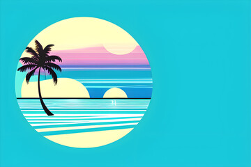 Fototapeta na wymiar Tropical island with palm tree, illustration on green retro background. Generative AI