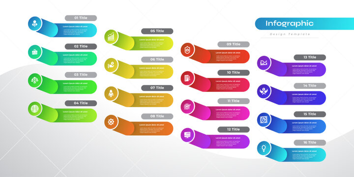 Modern Infographic Design Template with 16 Options or Steps. Can be used for Presentation, Workflow Layout, Diagram, or Annual Report. Timeline Diagram Presentation Design