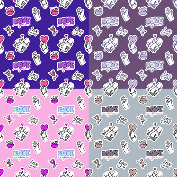 Seamless pattern with cartoon elements. Romantic doodle hands, hearts, letters. Vector illustration