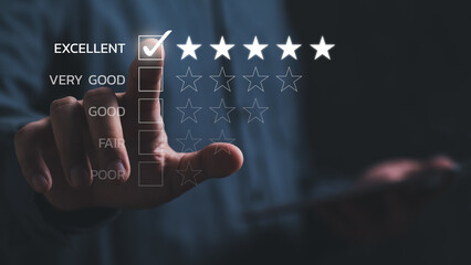Close up of man customer giving a five star rating on smartphone. Using technology for Review, Service rating, satisfaction, Customer service experience and satisfaction survey concept.