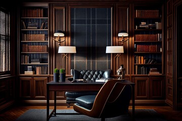 Dark Denim Grass Cloth Wallpaper With Dark Brown Wood, Mid Century Modern Interior Of Gentleman Study Library, Symmetrical,Manly. Generative AI