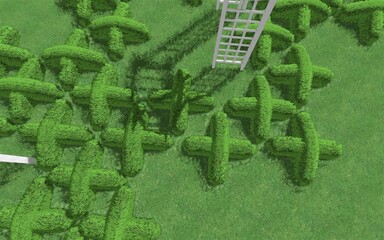 3D illustration of modern landscape architecture. Modular garden with clipped borders in the form of crosses. Background computer rendering of landscape design.