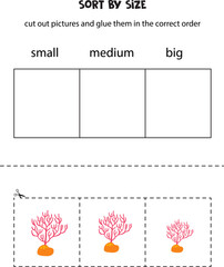 Sort cartoon coral by size. Educational worksheet for kids.