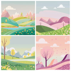 Peaceful natural landscape illustration with green trees, rolling hills, and a clear blue sky - perfect for any project needing a serene outdoor setting. This vector artwork 