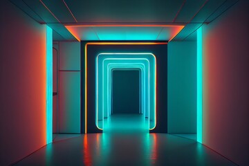 Empty Futuristic Room Illuminated By Neon Tube Light. Generative AI