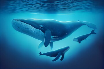 Fototapeta premium Family Blue Whale Under Water, Ocean. Generative AI