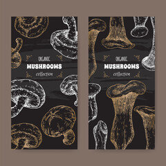 Two labels with Lentinula edodes aka shiitake and Pleurotus eryngii aka king oyster mushroom sketch on black. - 575971461