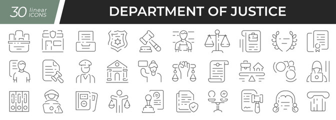 Justice department linear icons set. Collection of 30 icons in black