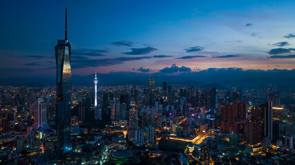Naklejka premium Aerial view The world's second tallest building PNB118 or Merdeka 118 during sunrise