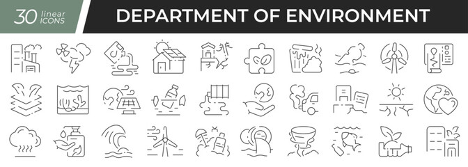 Fototapeta na wymiar Environment department linear icons set. Collection of 30 icons in black