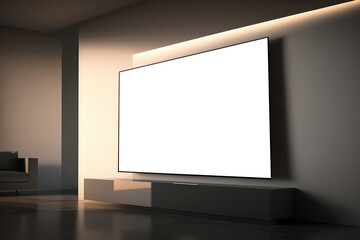 Big flat mockup TV screen in modern minimal interior. Created with Generative AI technology.