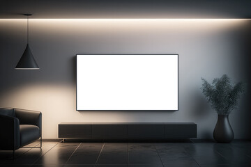 Big flat mockup TV screen in modern minimal interior. Created with Generative AI technology.