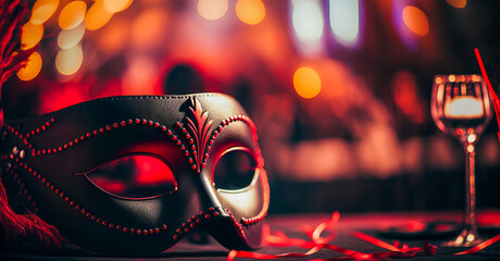 Wolf mask for adult masked ball and anonymous party. Red background offering a mysterious and nocturnal atmosphere. Generative AI