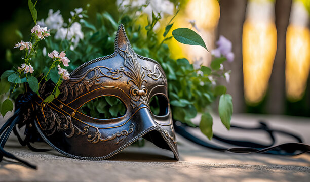 Elegant and mysterious black wolf mask on a blurred garden background for an event where discretion is important - ideal for a garden party or masked ball. Generative AI