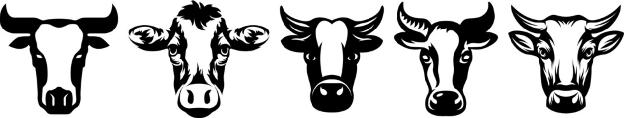 Cow head mascot variant set. Cattle logo. Farm animal illustration.