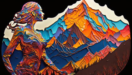 Shape of a woman combined with mountains and the earth. space for text