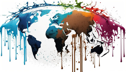 Paint splash of planet earth with many colors on white background.