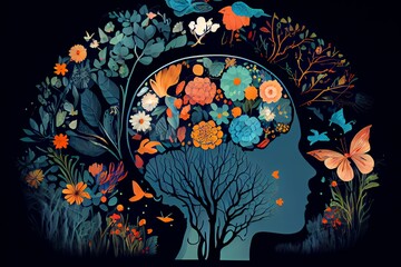 Human Brain With Flowers And Butterflies, Self Care And Mental Health Concept, Positive Thinking, Creative Mind. Generative AI