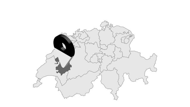 Location Canton of Fribourg on map Switzerland. 3d Fribourg Canton  flag map marker location pin. Map of Switzerland showing different parts. Animated map Cantons of Switzerland. 4K.  Video
