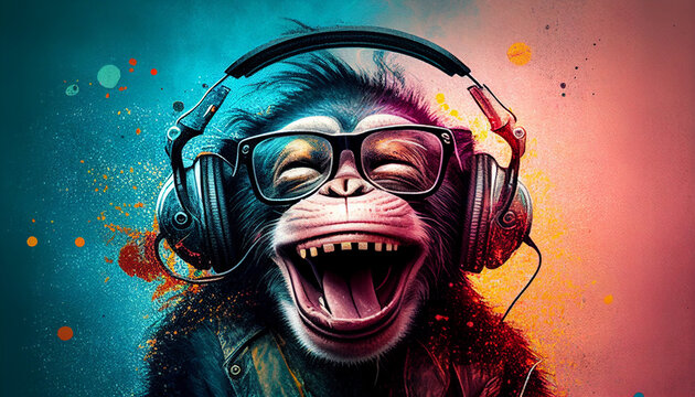 Monkey Laughing Wearing Eyeglasses and Headphones