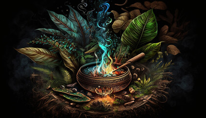 Bowl with ayahuasca inside surrounded by leaves. - obrazy, fototapety, plakaty