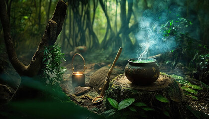 Pot in the middle of the forest cooking ayahuasca. - obrazy, fototapety, plakaty