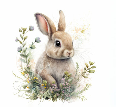 Cute illustration with easter bunny, realistic drawing of a rabbit in pastel colors, hare with spring flowers, symbol of Easter. Created with Generative AI technology