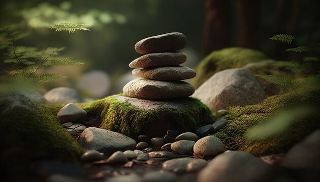stack of stones forming apachetas with forest in the background. space for text.