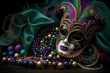 Fototapeta na wymiar Mardi Gras Party Decor. Carnival Mask And Beads. Generative AI