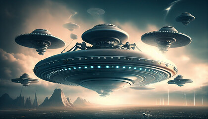 Fototapeta na wymiar Extraterrestrial UFO spacecraft. Extraterrestrial Mother Ships Descend from the Sky. Generative AI