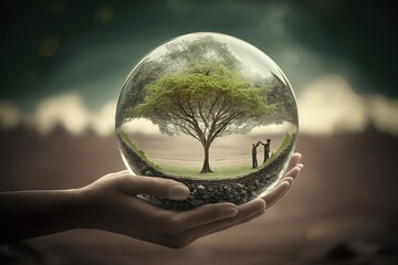 hand holding a glass ball with a tree inside of it, save the environment, nature reserve concept, generative AI