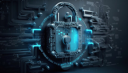 Fototapeta premium illustration of Cyber Security, a lock on circuit board