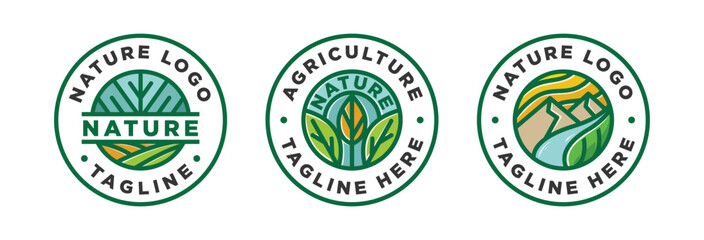 Set nature logo agriculture circular emblem with leaf, flower, river, mountain linear design