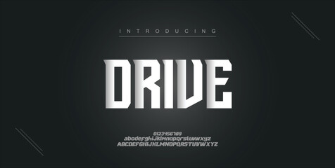 Drive, digital modern alphabet new font. Creative abstract urban, futuristic, fashion, sport, minimal technology typography. Simple vector illustration with number