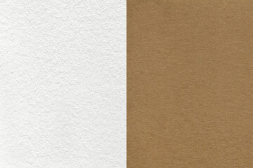 Texture of craft white and brown paper background, half two colors, macro. Structure of vintage dark beige cardboard.