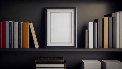 Empty frame on a shelf among books. Template for Design. AI generated. Mock Up.