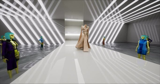 3D Fashion Show. The Virtual Invisible Female Model Walks Down the Runway. Stylish Dress. Meeting in Virtual Space, Meta Podium Show, Artificial World.
