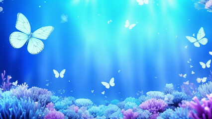 Fototapeta na wymiar 幻想的な蝶と美しい水色の背景のテクスチャ Beautiful light blue background texture with fantastic butterflies