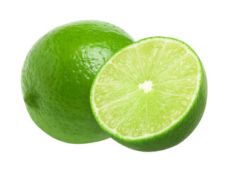 Natural fresh lime with leaves and half-isolated, transparent png, PNG format, cut-out.