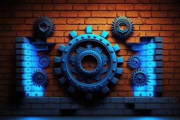 Brick wall with gears and blue neon light. Generative AI