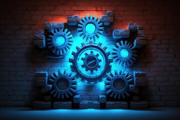 Brick wall with gears and blue neon light. Generative AI