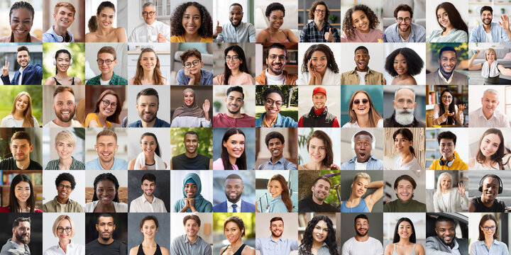 Positive multicultural people cheerfully smiling at camera, set of photos