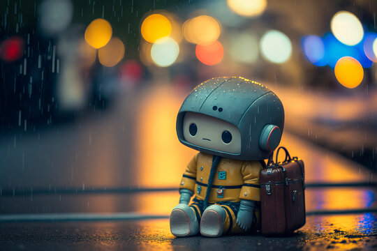 A lonely robot wandering in a rainy street, carrying a suitcase and left behind. A poignant image symbolizing a feeling of loneliness and sadness. Generative AI