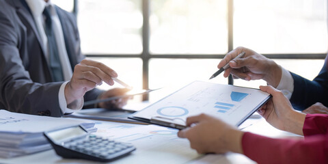 Bookkeeper team accountant or financial expert, economist accounting money with statistics graphs...