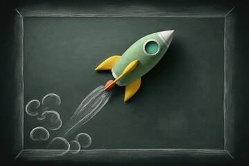 Blackboard background with rocket, business and startup concept. Generative AI