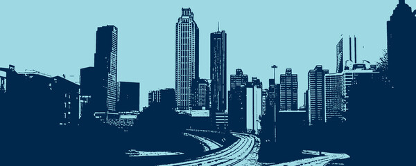 Subdued monotone calm retro-style illustration of American city skyline in blue gray tone, metropolitan cityscape image