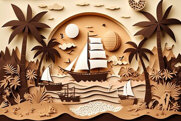 Landscape with island, pirate ship and coconut trees, made from paper cutout. Generative AI

