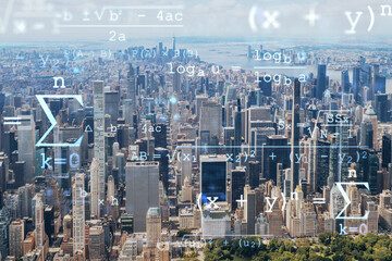 Aerial panoramic helicopter city view of Midtown Manhattan neighborhoods and Central Park, New York, USA. Technologies and education concept. Academic research, top ranking university, hologram